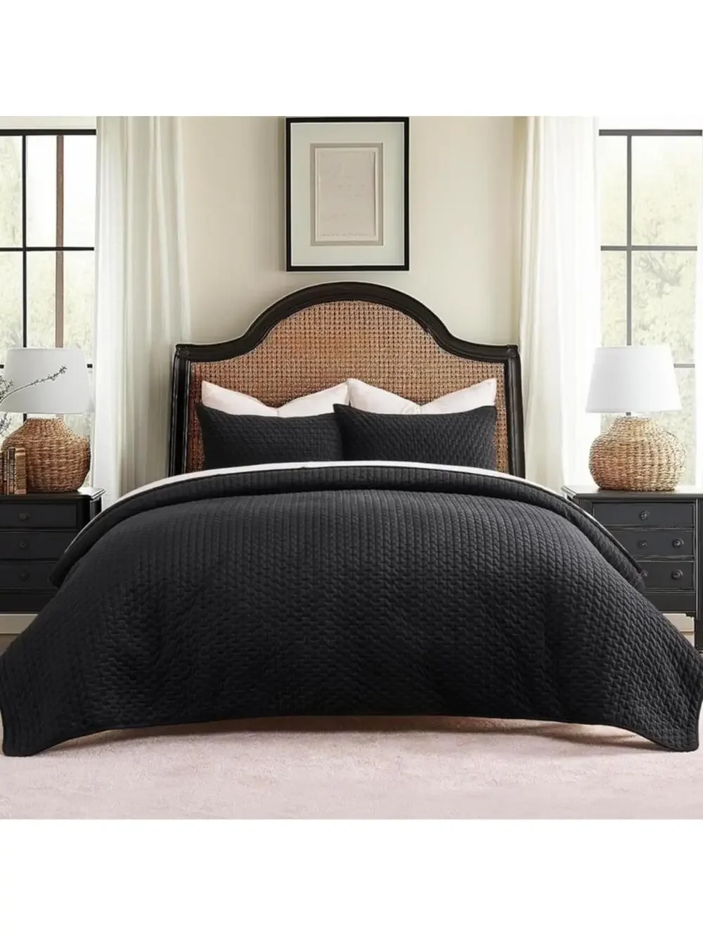 🆕 PB Style 3 Piece Queen Black Onyx Luxe Soft Velvet  Quilt Coverlet Set.